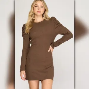 • A115 •  Chocolate Brown Puff Sleeve Ribbed Knit Mini Dress