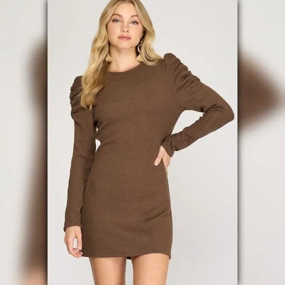 • A115 •  Chocolate Brown Puff Sleeve Ribbed Knit Mini Dress