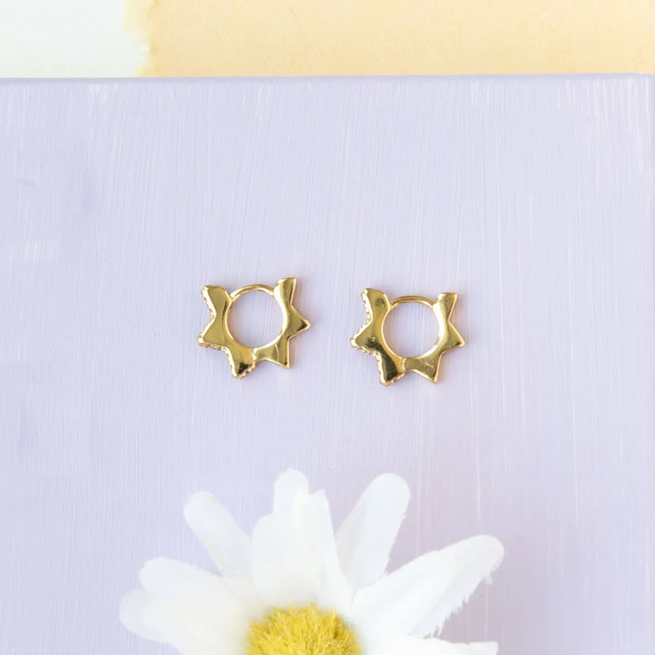 14k Gold Sun CZ Gem Huggie Hoop Earring