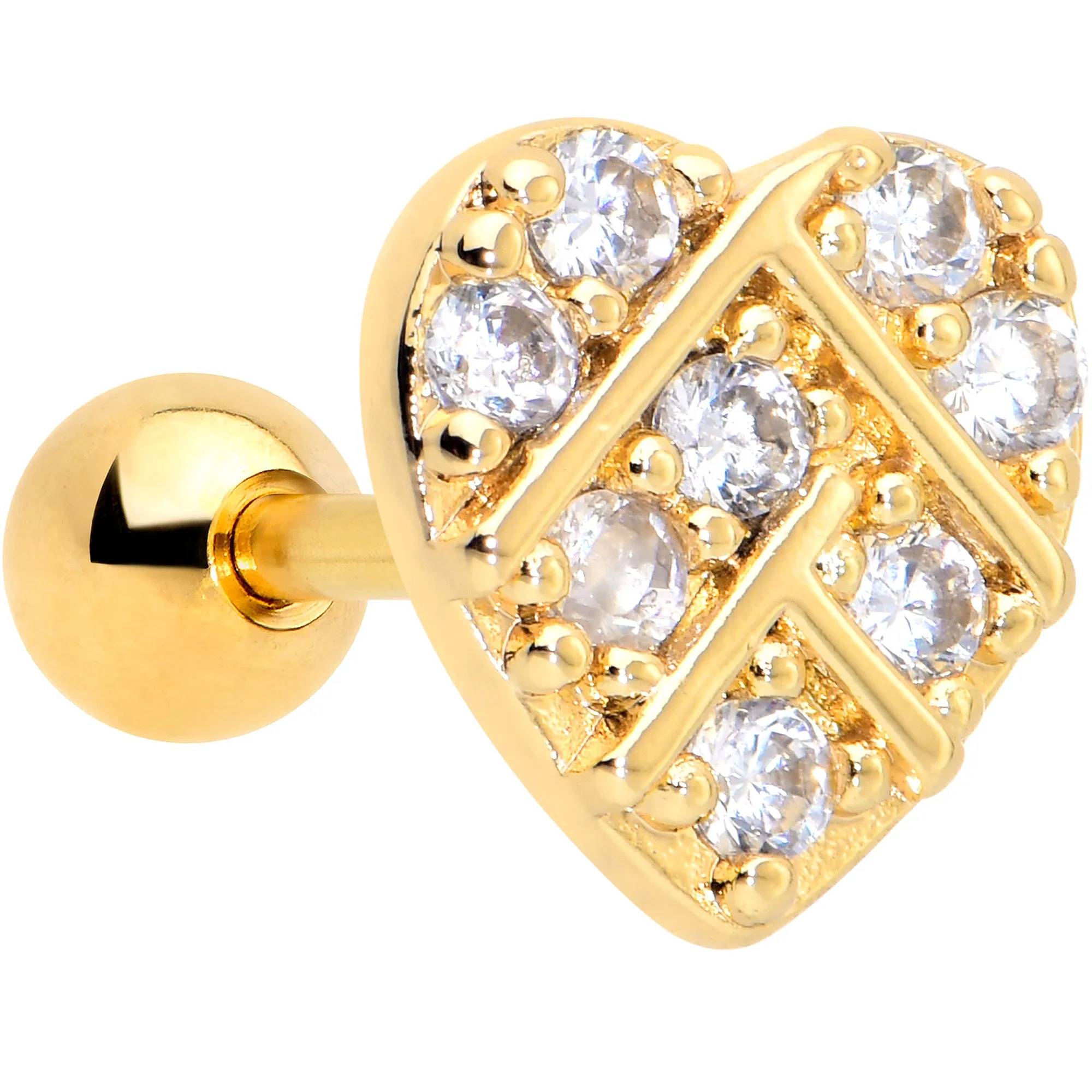 16 Gauge 1/4 Clear Gem Gold Tone Lattice Heart Cartilage Tragus Earring