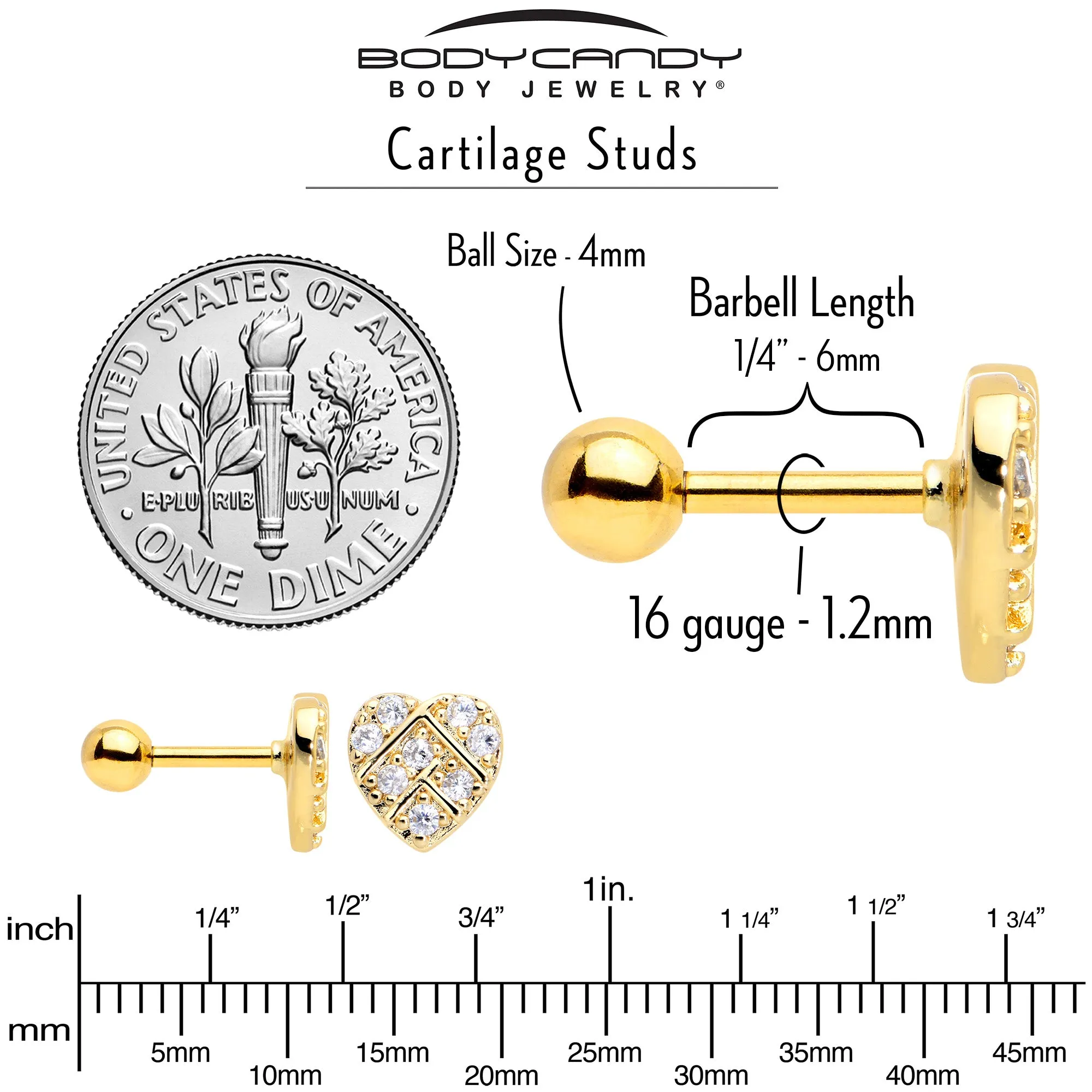 16 Gauge 1/4 Clear Gem Gold Tone Lattice Heart Cartilage Tragus Earring