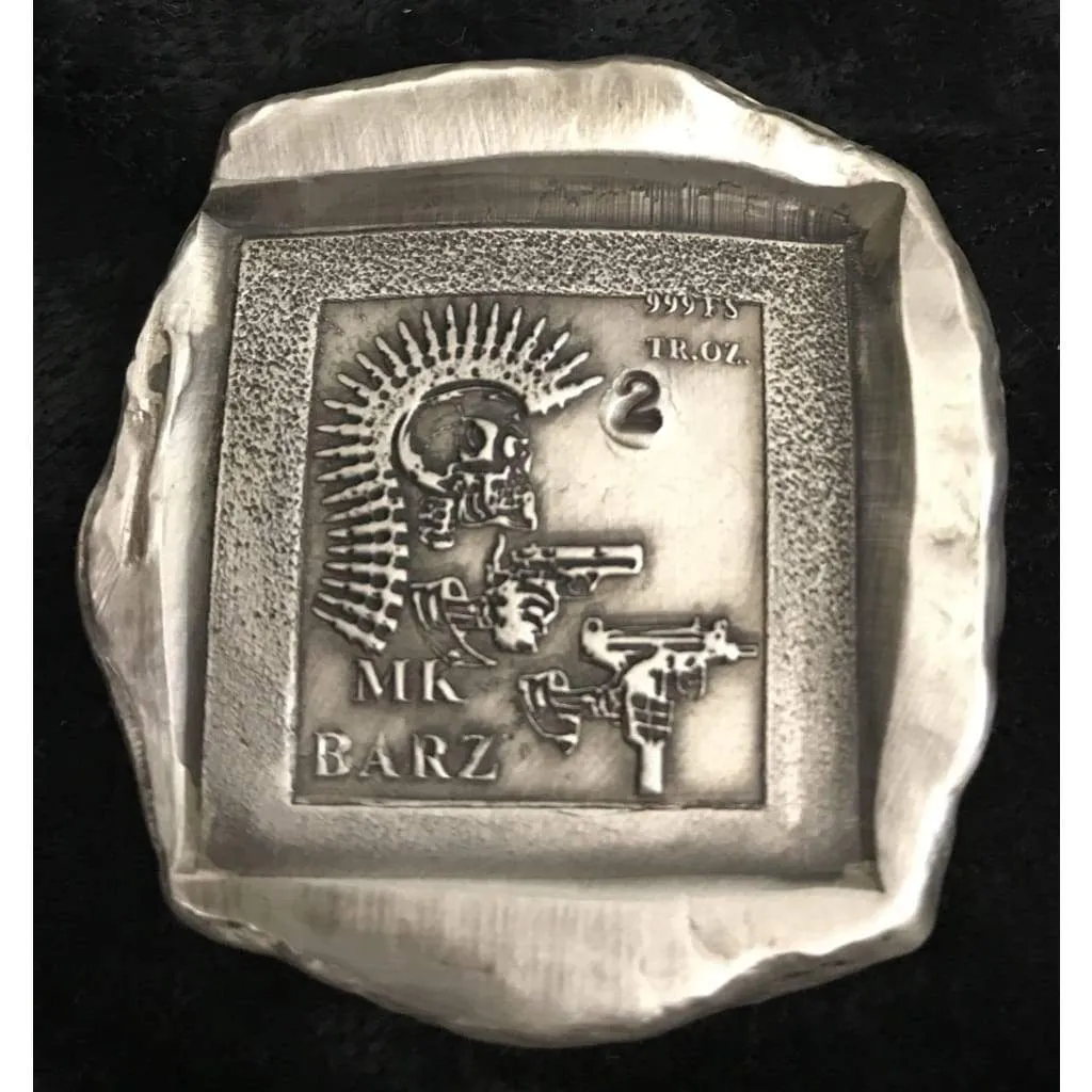2 Troy Oz MK BarZ "Double Gun Skeleton Chunky" Stamped Square .999 FS