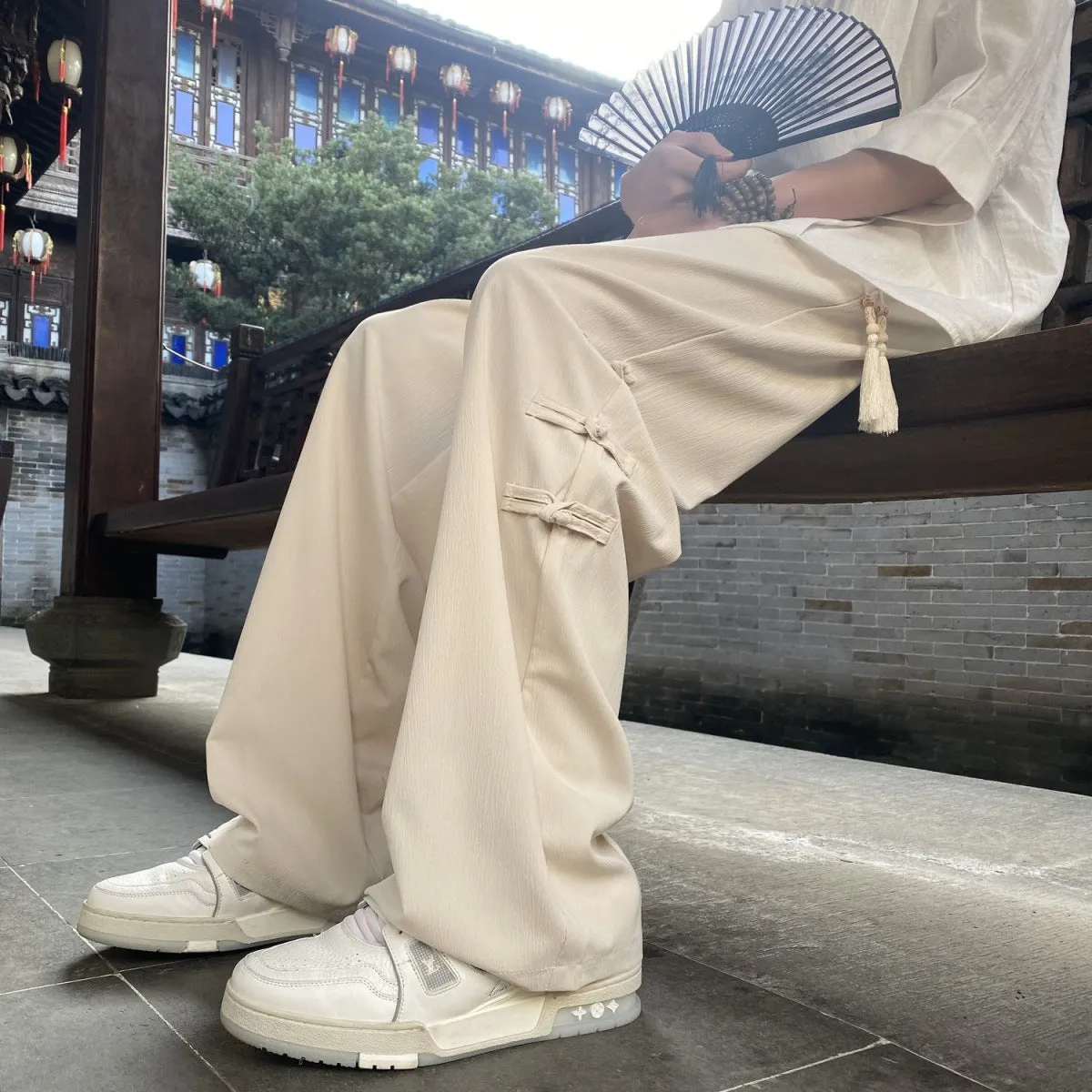 2024 Summer Men's New Chinese Style Side Button Wide-Leg Casual Pants | Trendy Loose-Fit Draped Trousers