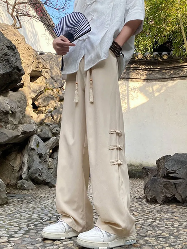 2024 Summer Men's New Chinese Style Side Button Wide-Leg Casual Pants | Trendy Loose-Fit Draped Trousers
