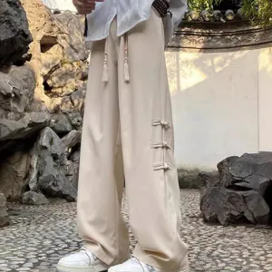 2024 Summer Men's New Chinese Style Side Button Wide-Leg Casual Pants | Trendy Loose-Fit Draped Trousers