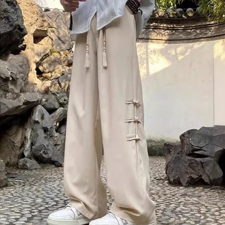 2024 Summer Men's New Chinese Style Side Button Wide-Leg Casual Pants | Trendy Loose-Fit Draped Trousers