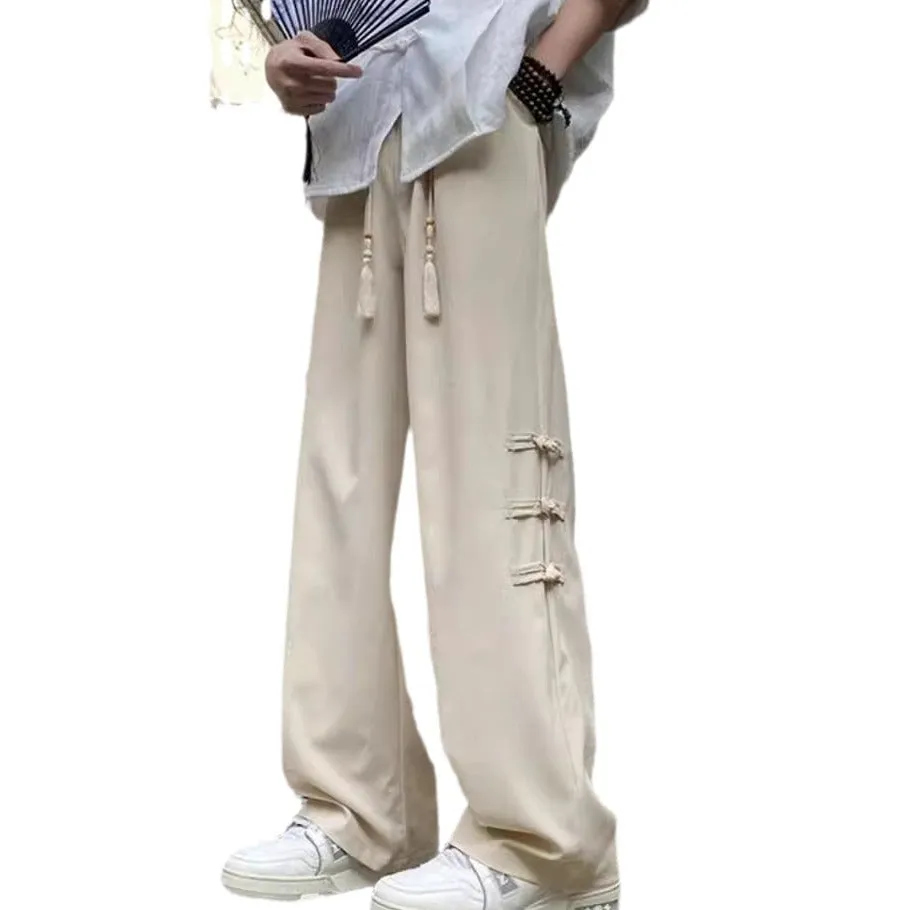 2024 Summer Men's New Chinese Style Side Button Wide-Leg Casual Pants | Trendy Loose-Fit Draped Trousers