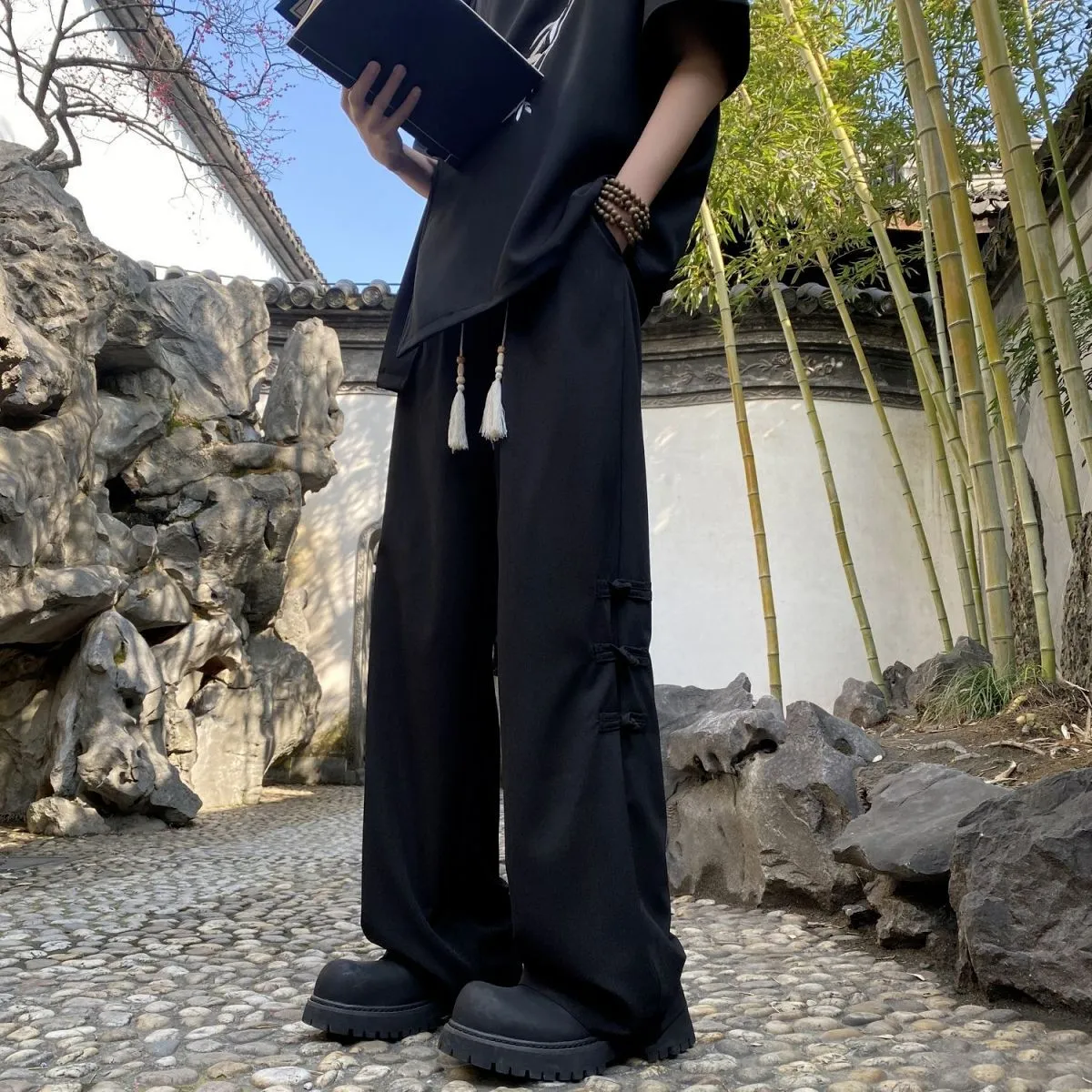 2024 Summer Men's New Chinese Style Side Button Wide-Leg Casual Pants | Trendy Loose-Fit Draped Trousers