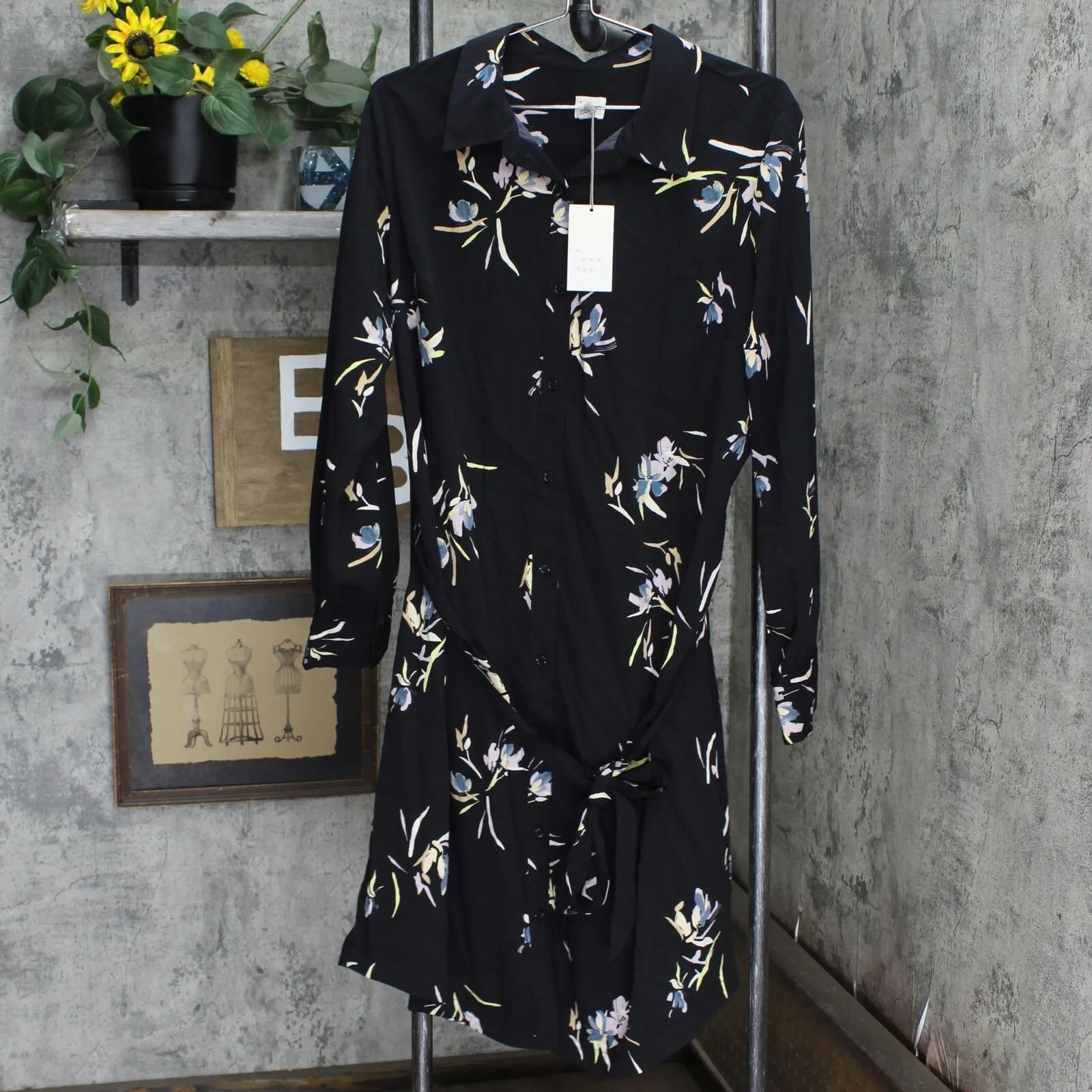 A New Day Women's Floral Print Long Sleeve Collared Shirtdress 77606817