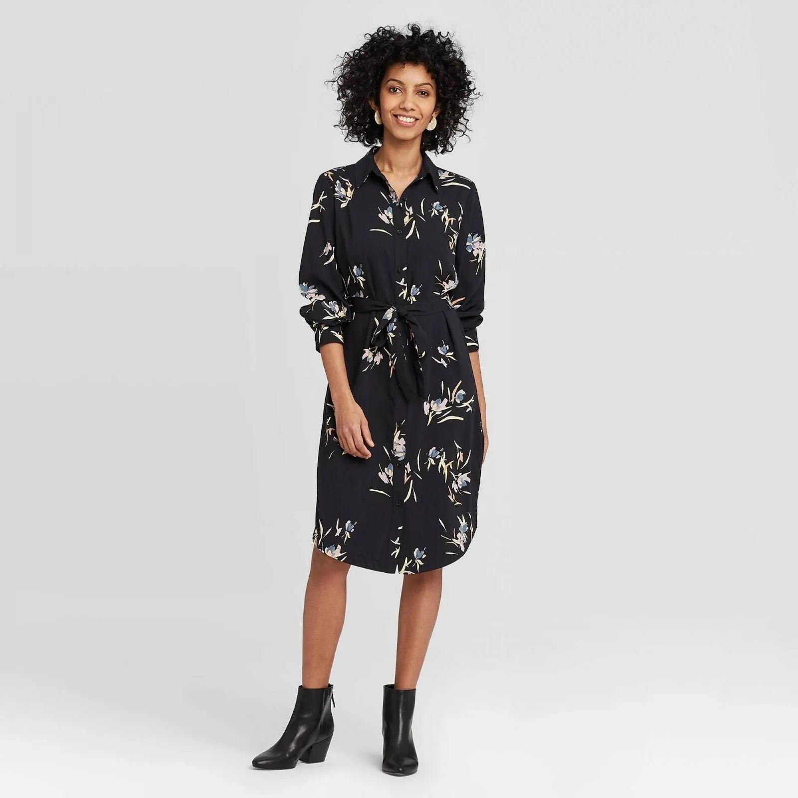 A New Day Women's Floral Print Long Sleeve Collared Shirtdress 77606817