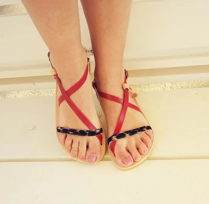 Animal print red sandals