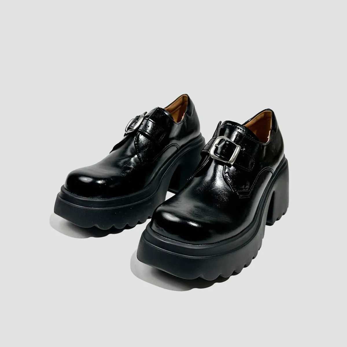 Black Buckle Chunky Heel Loafers