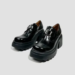 Black Buckle Chunky Heel Loafers