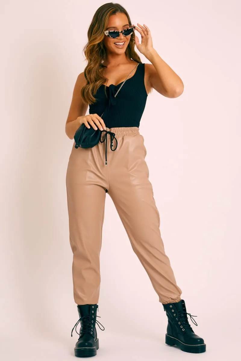 Black Ribbed Tie Front Bodysuit - Jadynn