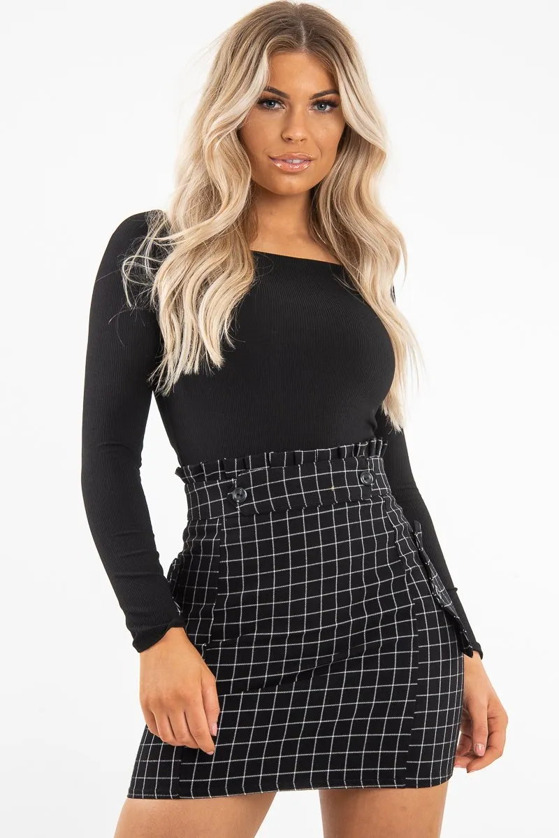 Black White Check Ruffle Waist Zip Front Skirt - Izzie