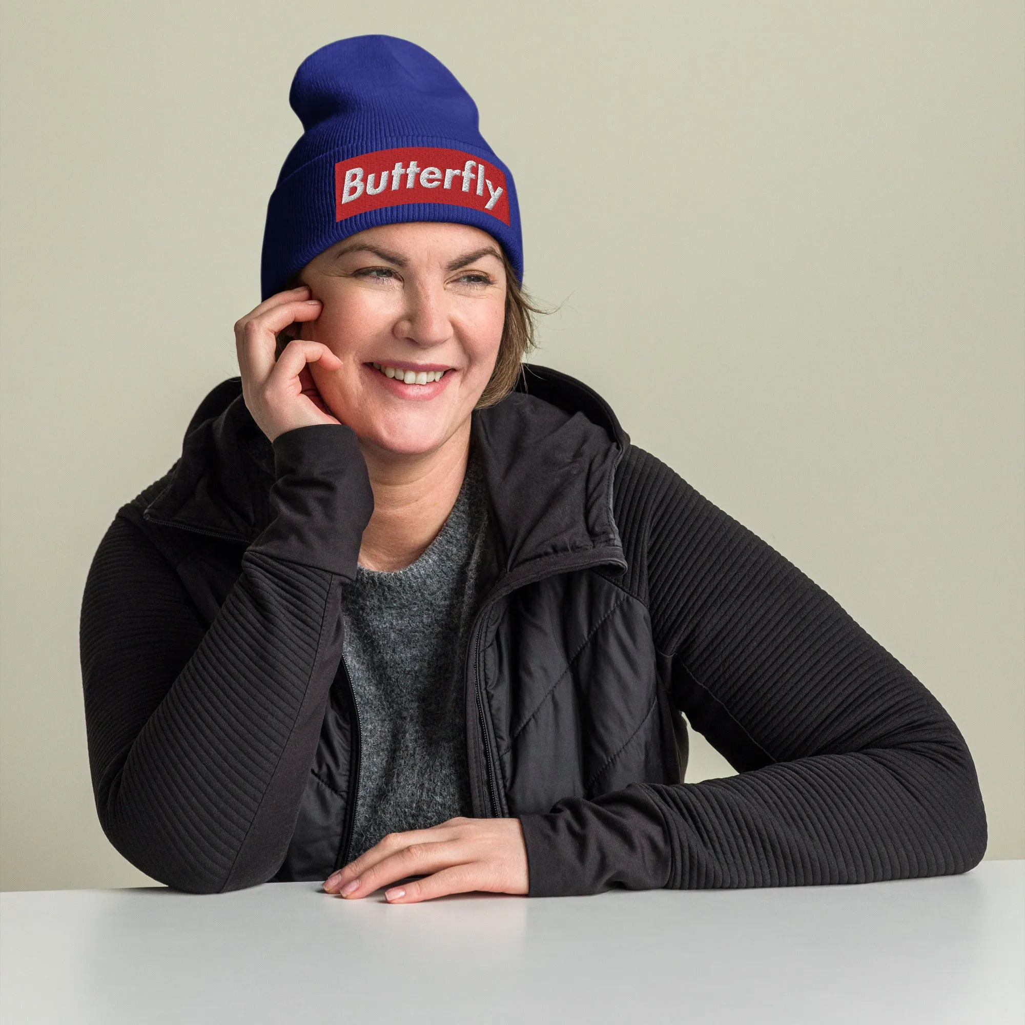 Butterfly Swimmer Cuffed Embroidered Beanie