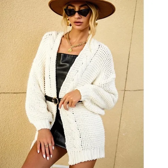 Cardigan chunky sweater thick twist braid cable knit cream white wide sleeve