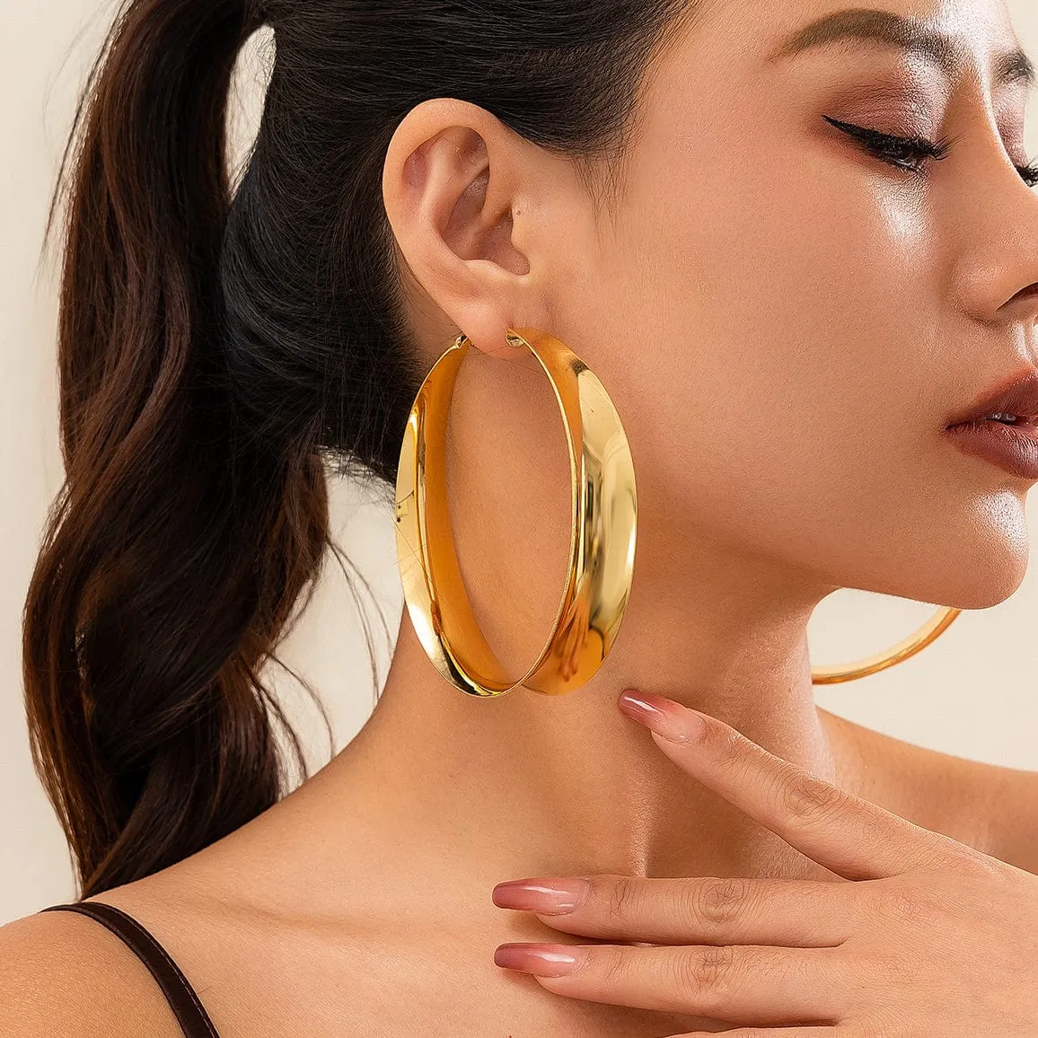 Chunky Gold Silver Plated Fluted Glossy Hoop Earrings
