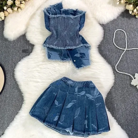 Clair medium wash denim skirt set