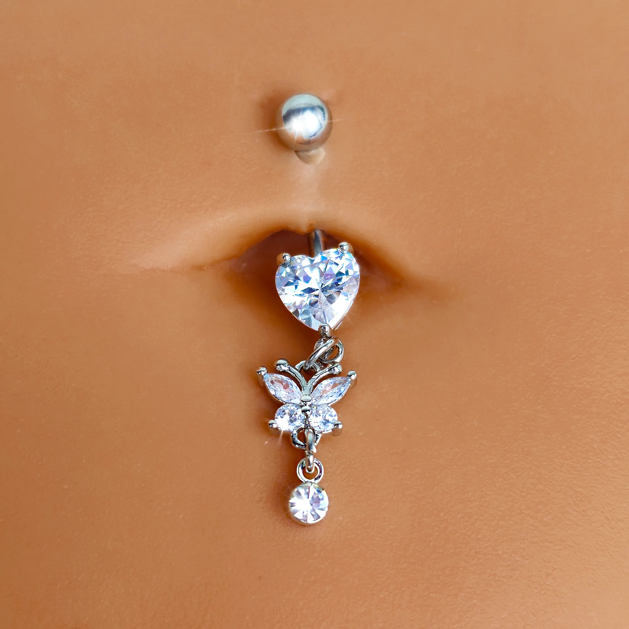Clear CZ Gem Heart For Butterfly Dangle Belly Ring