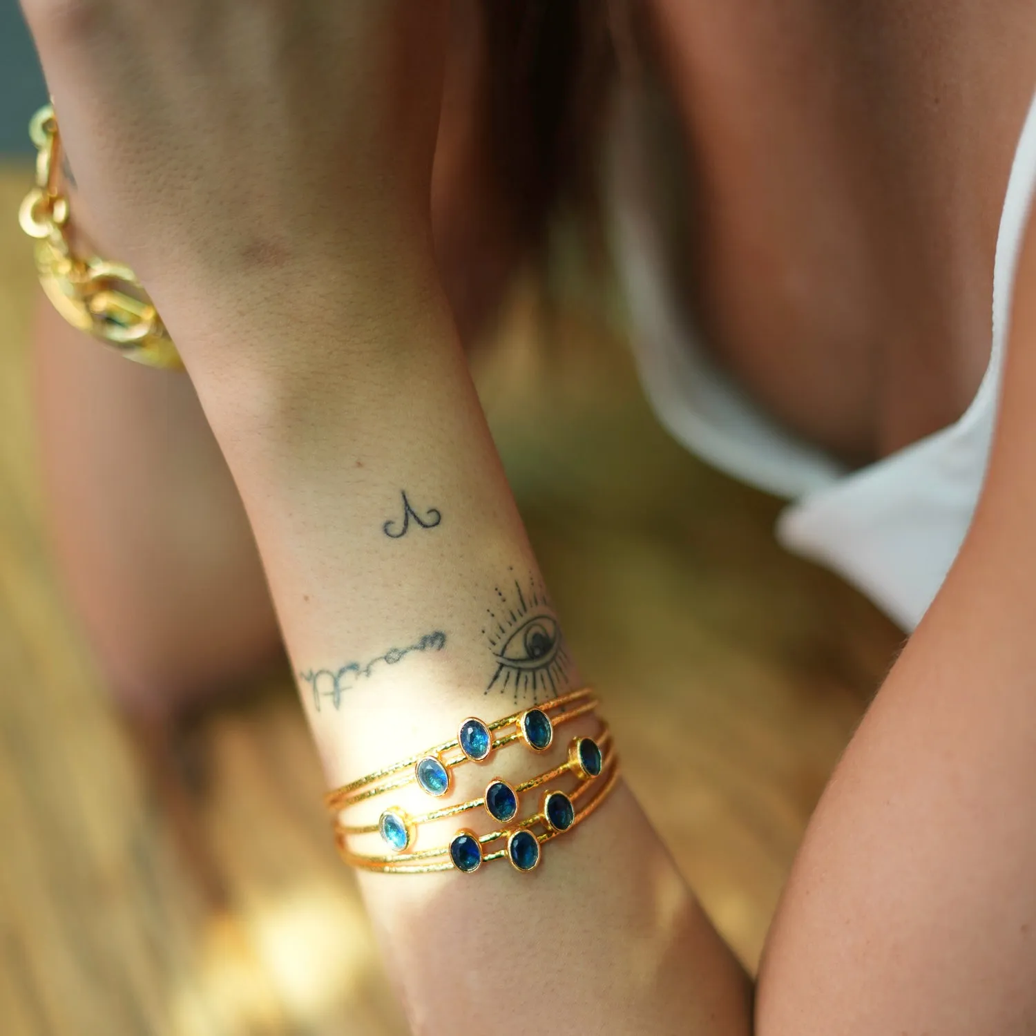 Cleopatra Gold & Sapphire Stone Cuff Chunky Bracelet