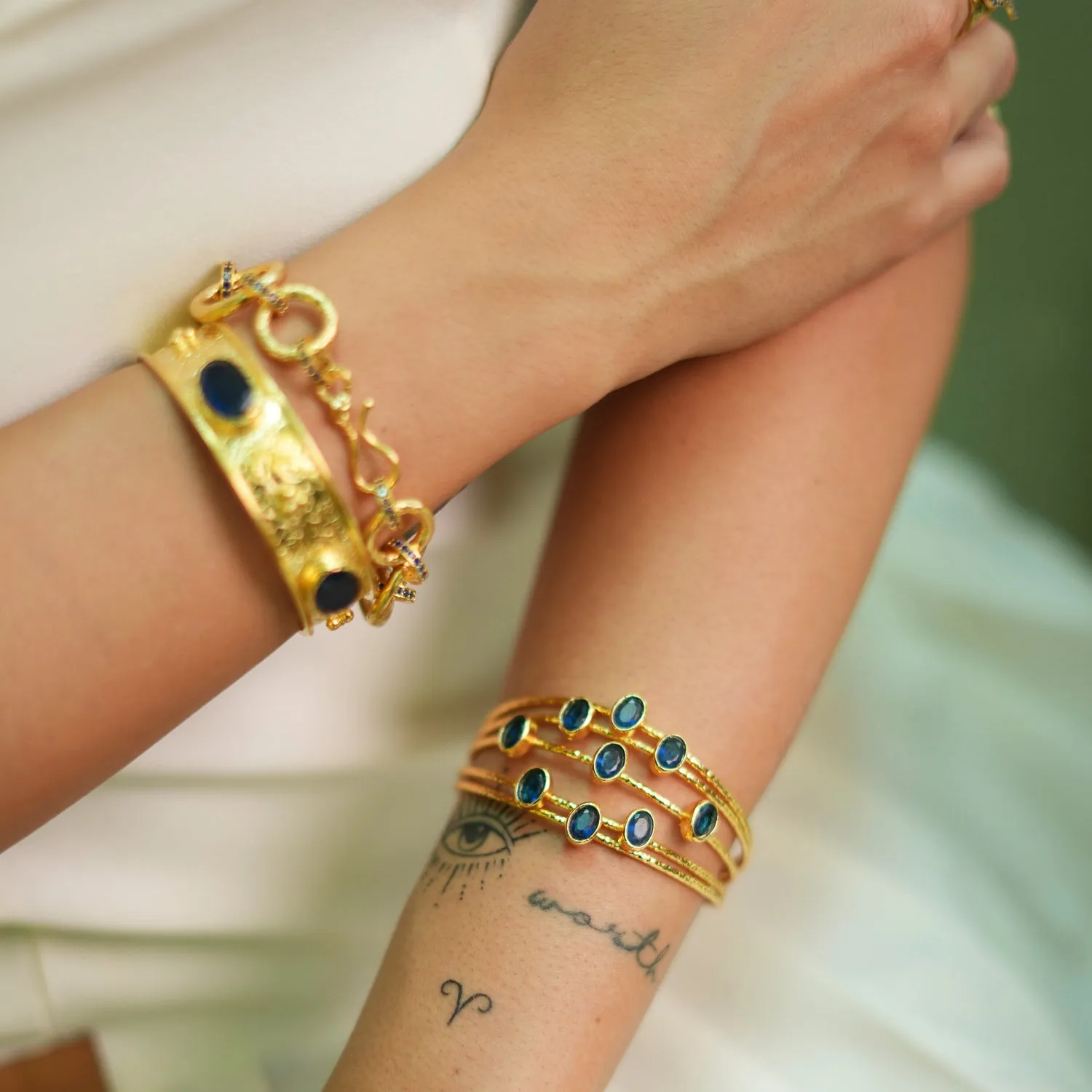 Cleopatra Gold & Sapphire Stone Cuff Chunky Bracelet