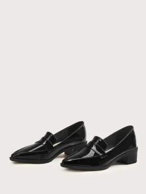CM-SHS104086 Women Casual Seoul Style Patent Chunky Heeled Loafers - Black