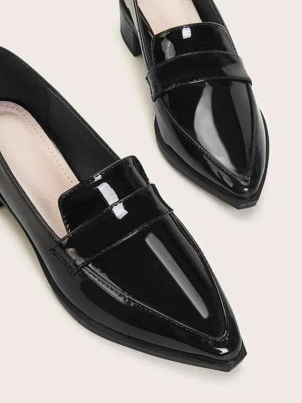CM-SHS104086 Women Casual Seoul Style Patent Chunky Heeled Loafers - Black