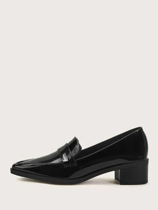 CM-SHS104086 Women Casual Seoul Style Patent Chunky Heeled Loafers - Black