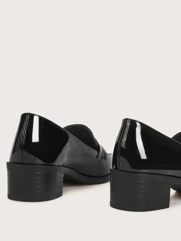 CM-SHS104086 Women Casual Seoul Style Patent Chunky Heeled Loafers - Black
