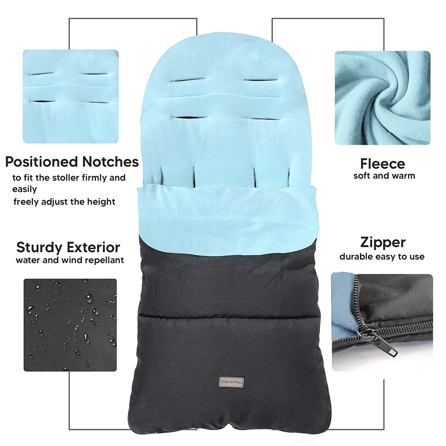 CrocnFrog Baby Stroller Bunting Blanket | Toddler Universal Footmuff Sleeping Bag with Adjustable Side Zips | Blue