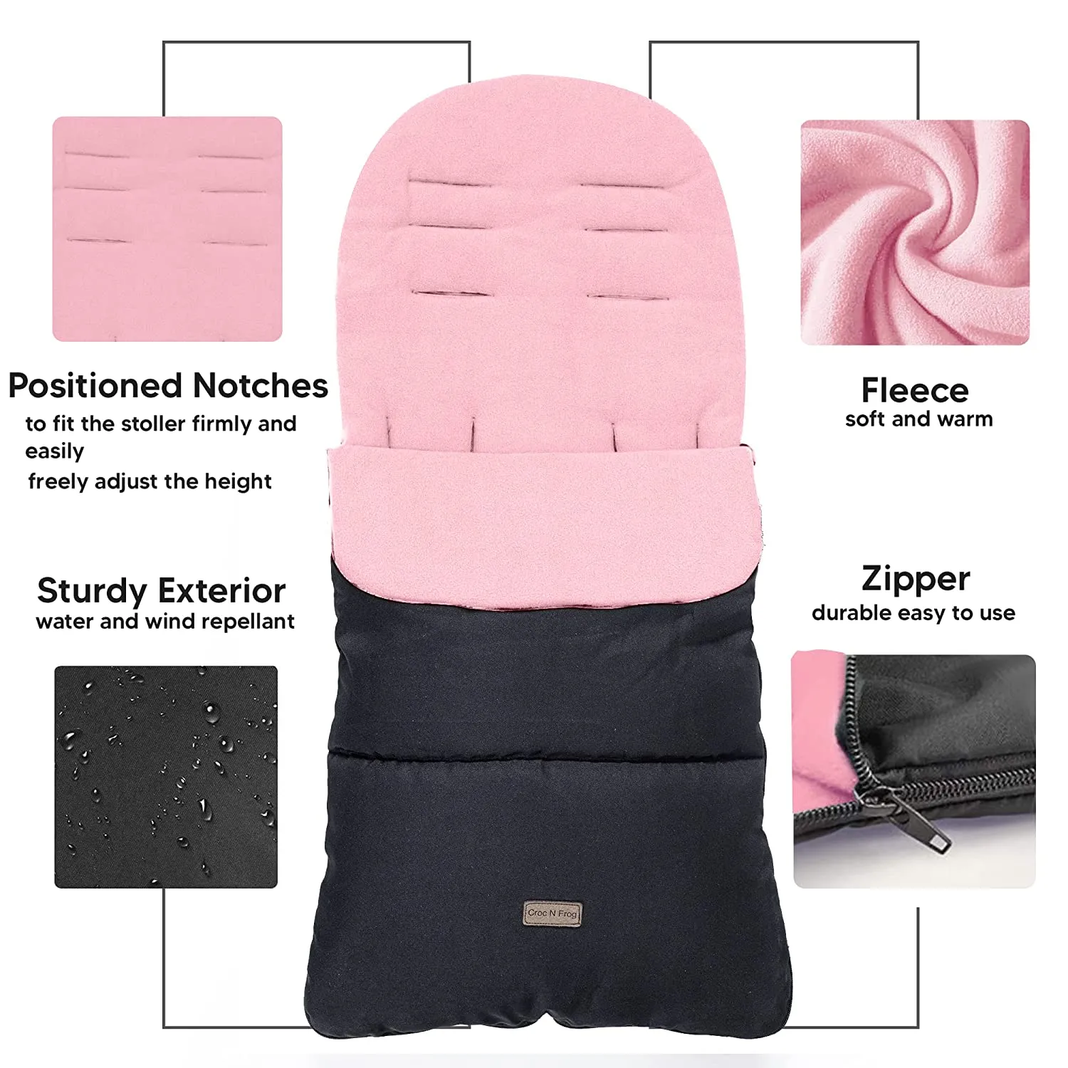 CrocnFrog Baby Stroller Bunting Blanket | Toddler Universal Footmuff Sleeping Bag with Adjustable Side Zips | Pink