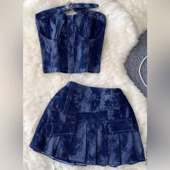 Dark wash denim Jean skirt set two piece strapless denim Coord