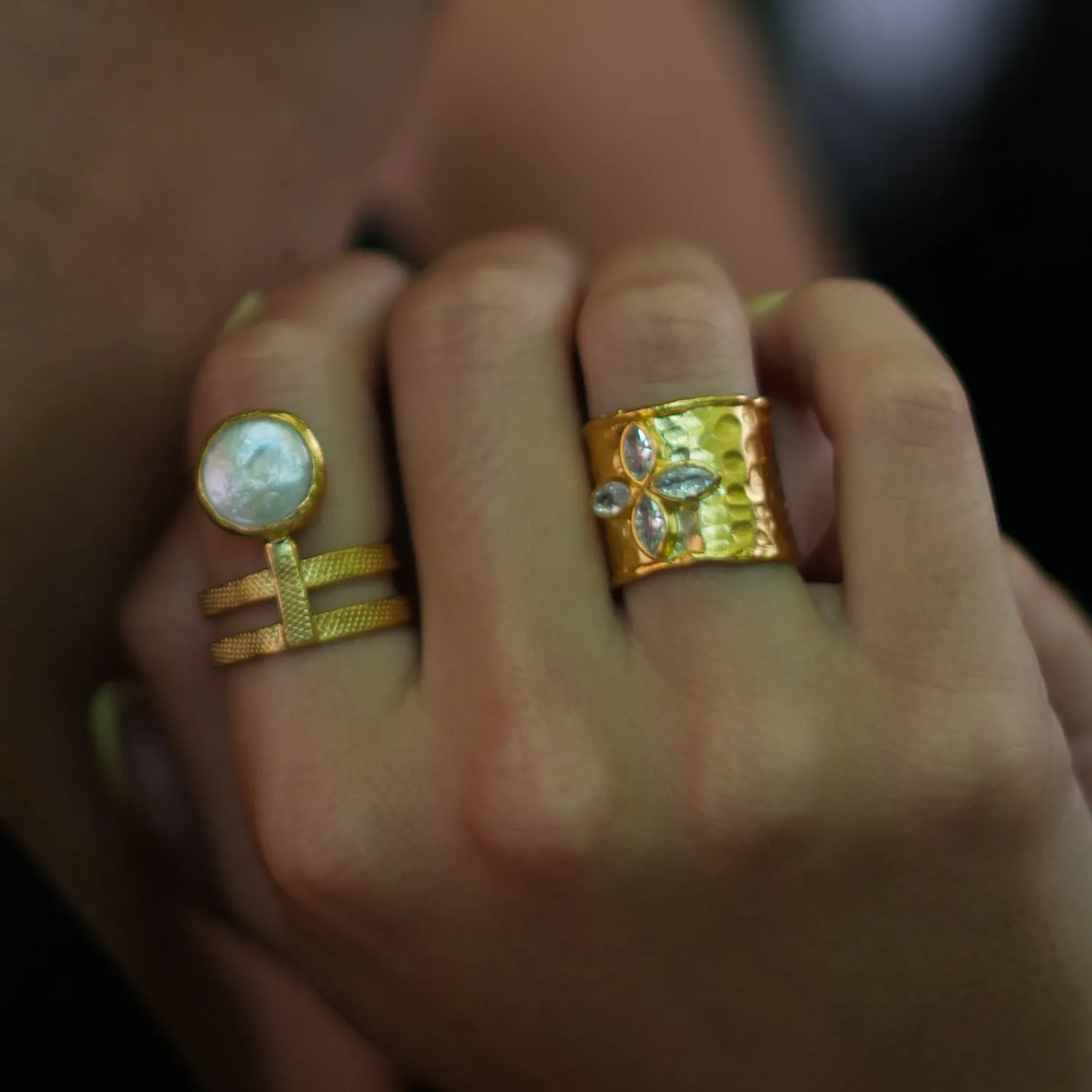 Diamond & Gold Band Floral Chunky Cuff Ring