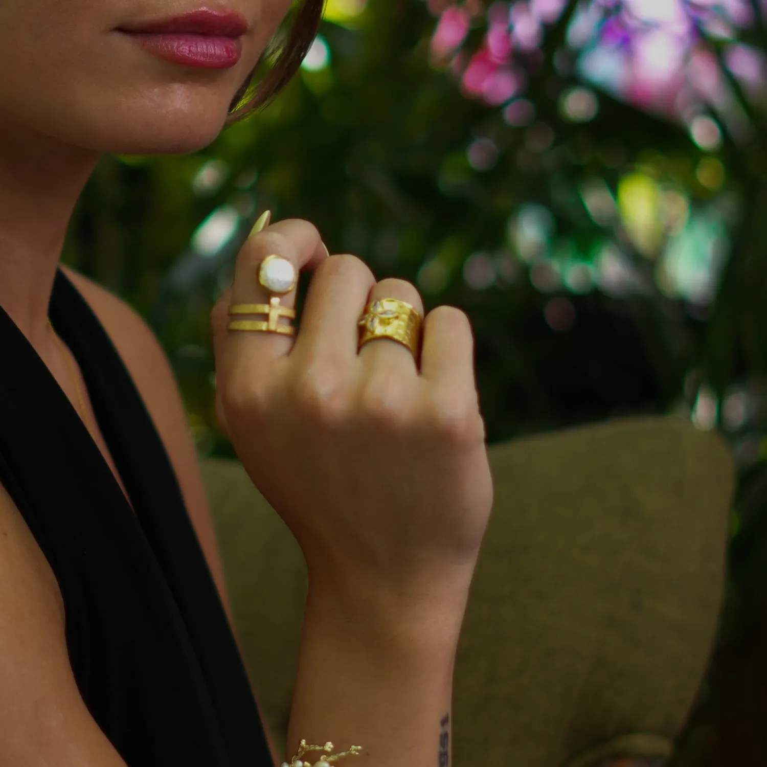 Diamond & Gold Band Floral Chunky Cuff Ring