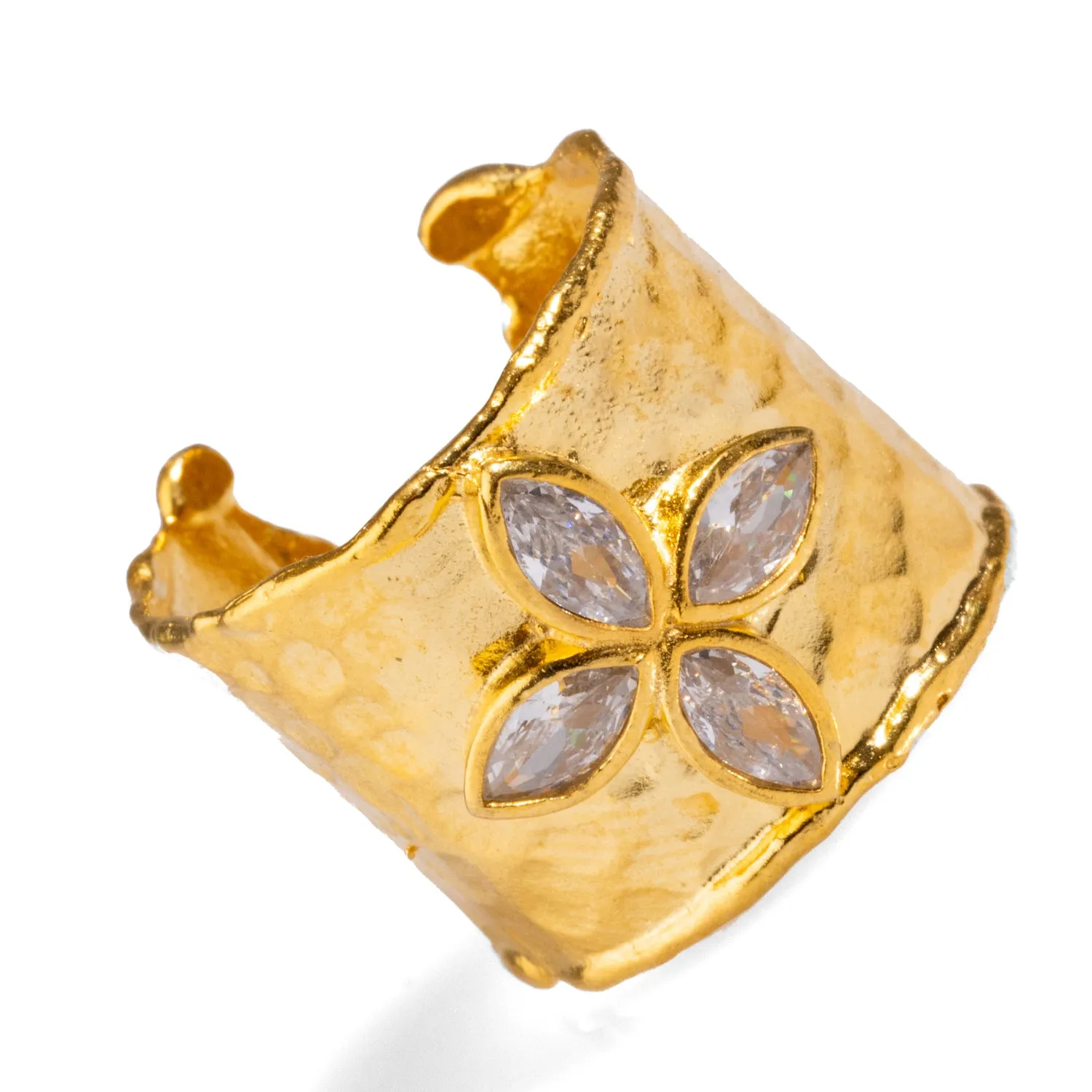 Diamond & Gold Band Floral Chunky Cuff Ring