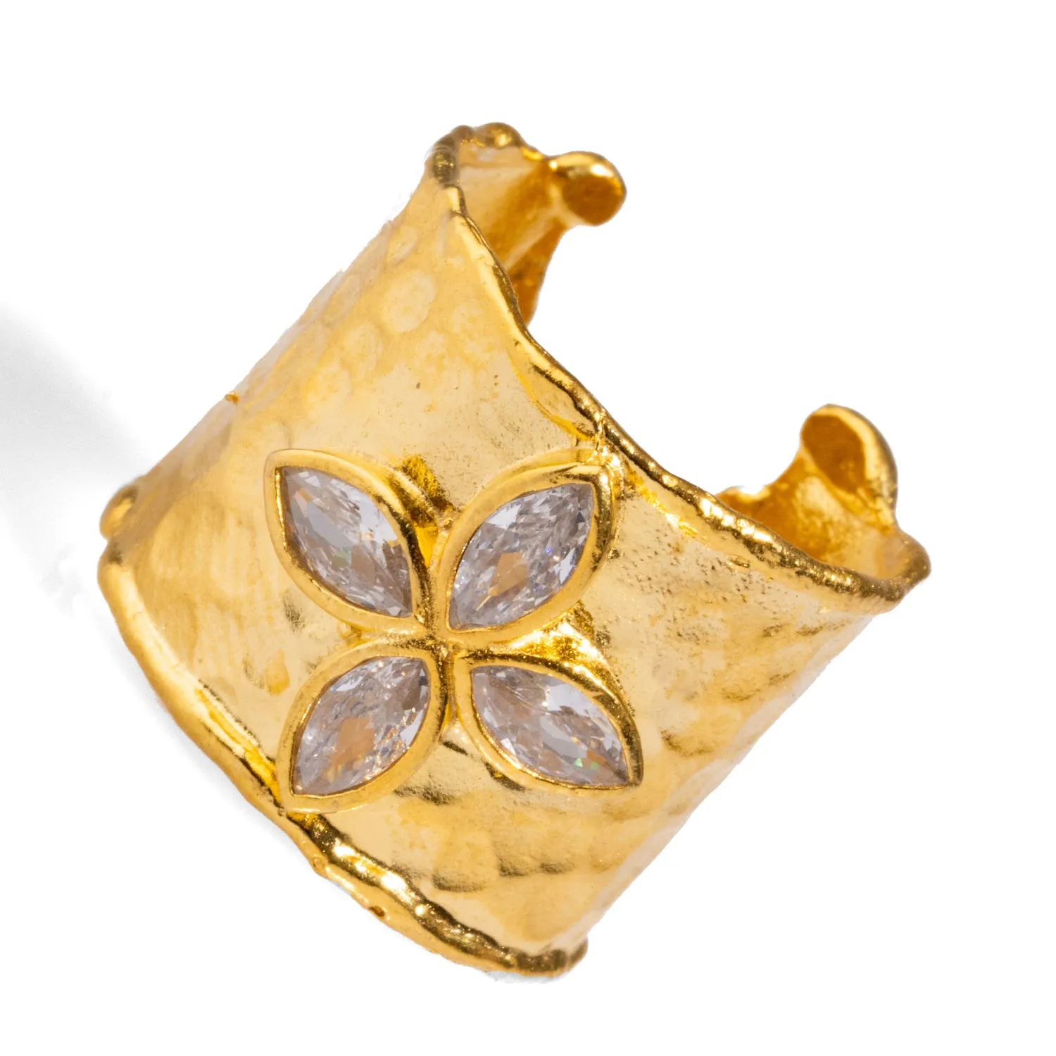 Diamond & Gold Band Floral Chunky Cuff Ring