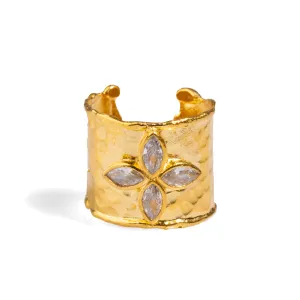 Diamond & Gold Band Floral Chunky Cuff Ring