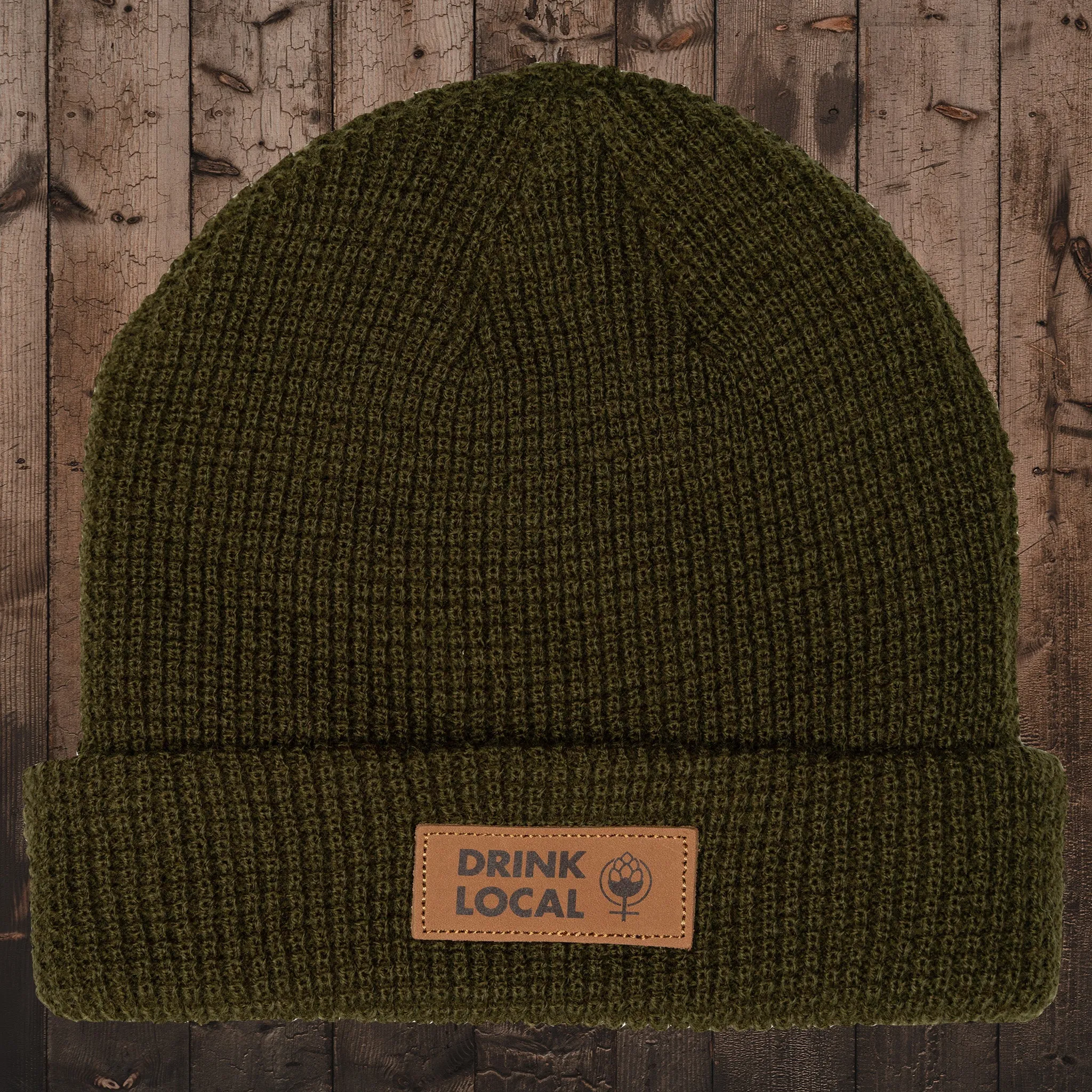 Drink Local Leather Patch Waffle Beanie-Surplus Olive