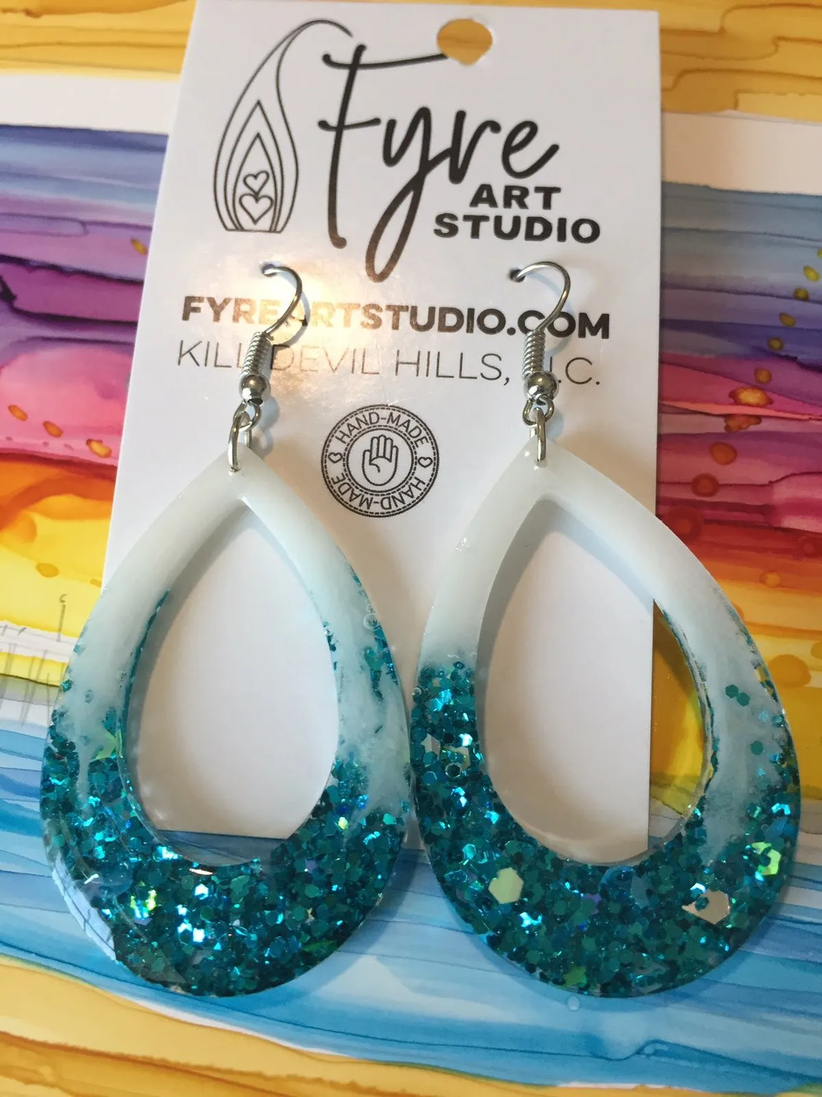 Earrings - Boho White and Turquoise Chunky Glitter Resin Tear Drop Earrings