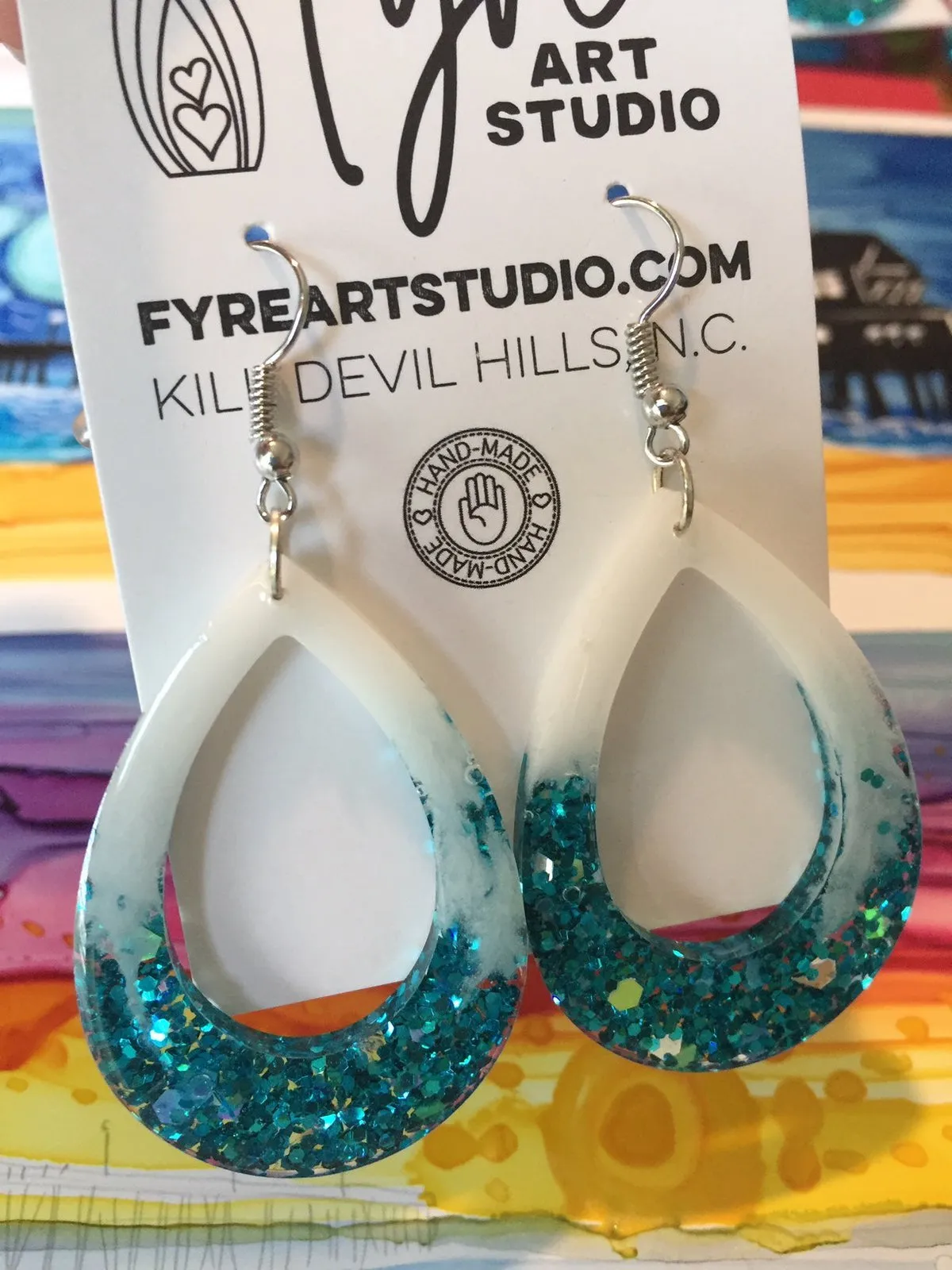 Earrings - Boho White and Turquoise Chunky Glitter Resin Tear Drop Earrings