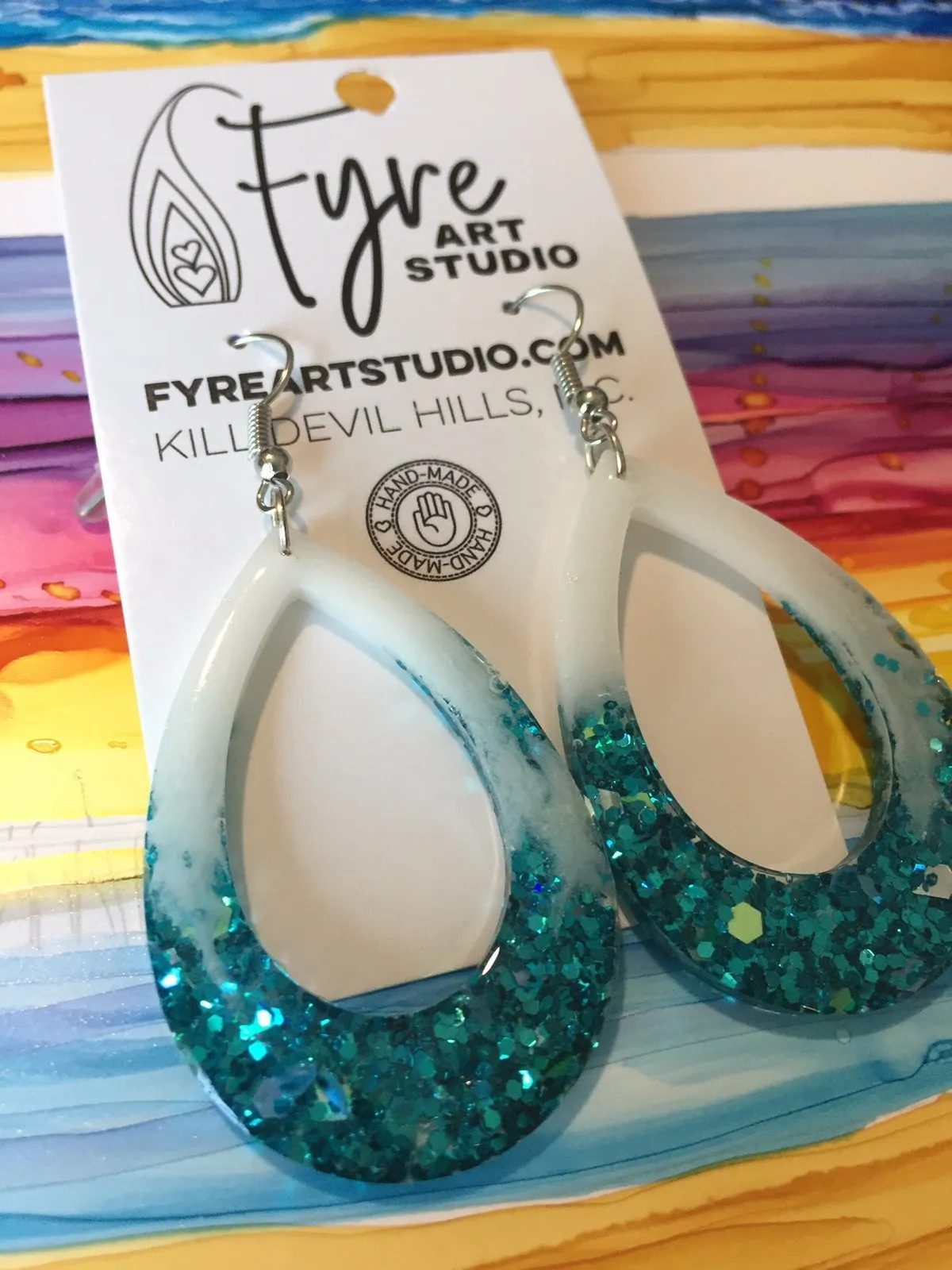 Earrings - Boho White and Turquoise Chunky Glitter Resin Tear Drop Earrings