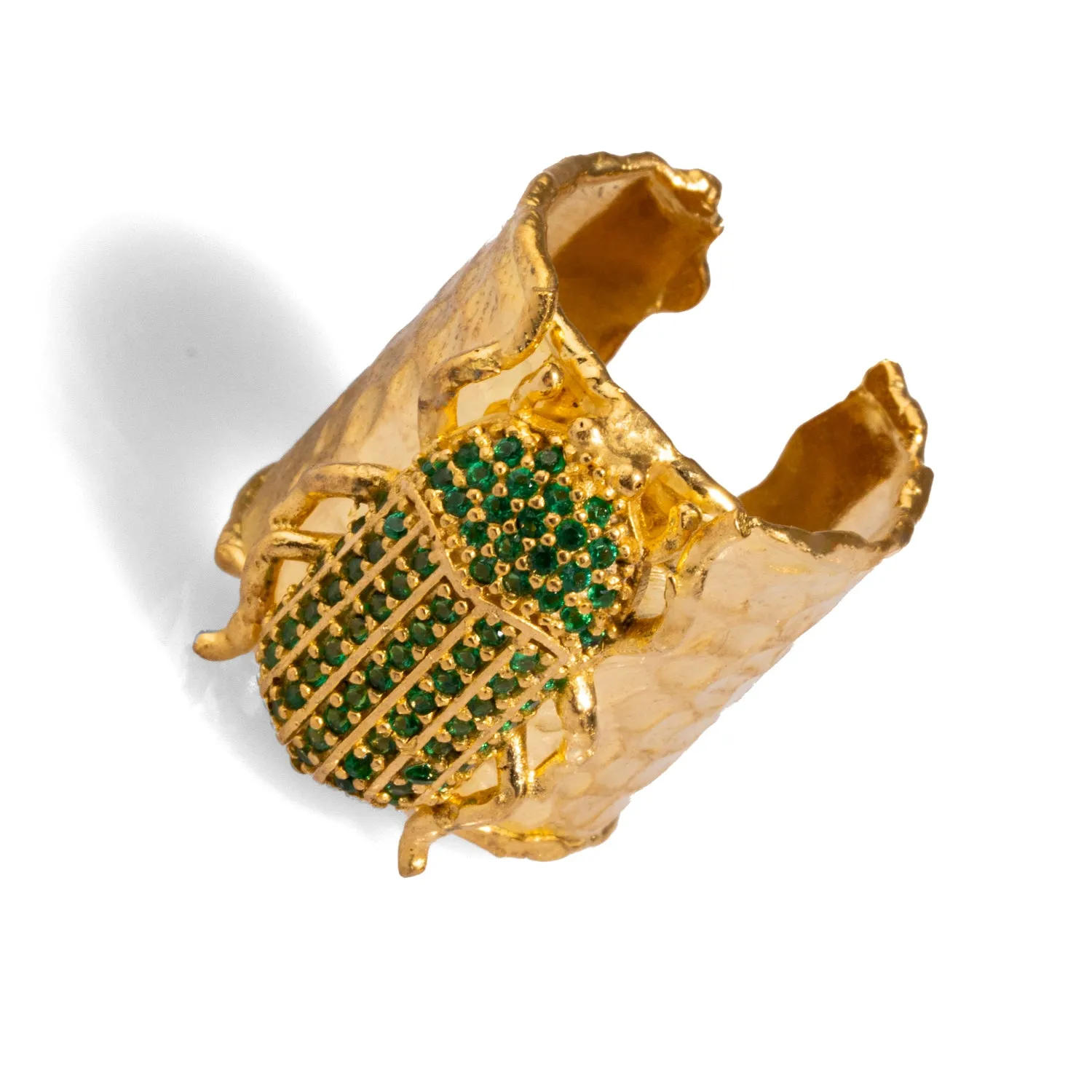 Egyptian Symbol Scarab Beetle Green Jade & Gold Chunky Ring
