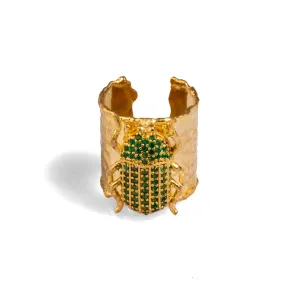 Egyptian Symbol Scarab Beetle Green Jade & Gold Chunky Ring