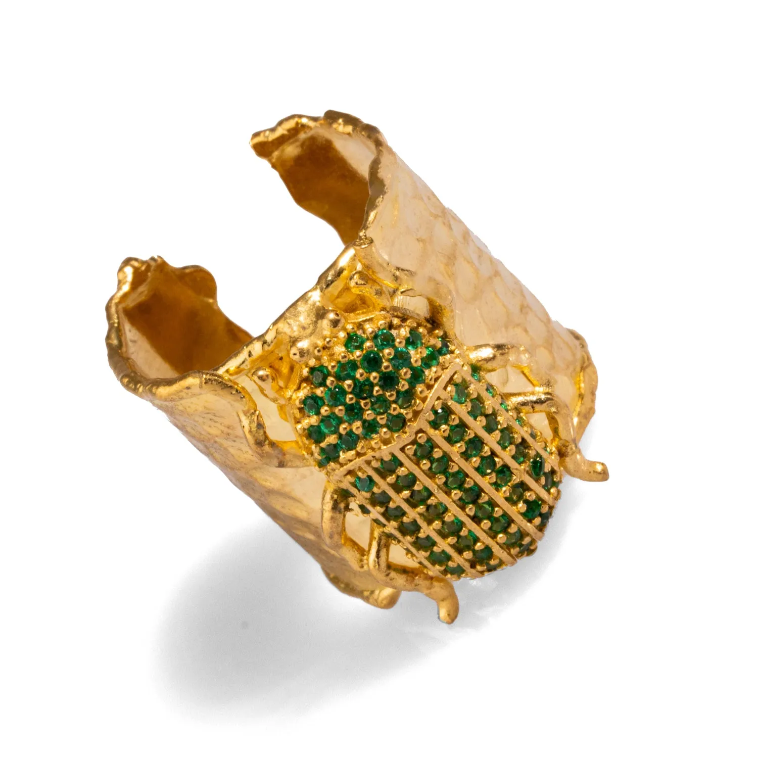 Egyptian Symbol Scarab Beetle Green Jade & Gold Chunky Ring