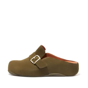 FitFlop Shuv Buckle-Strap Nubuck Clogs Dark Green