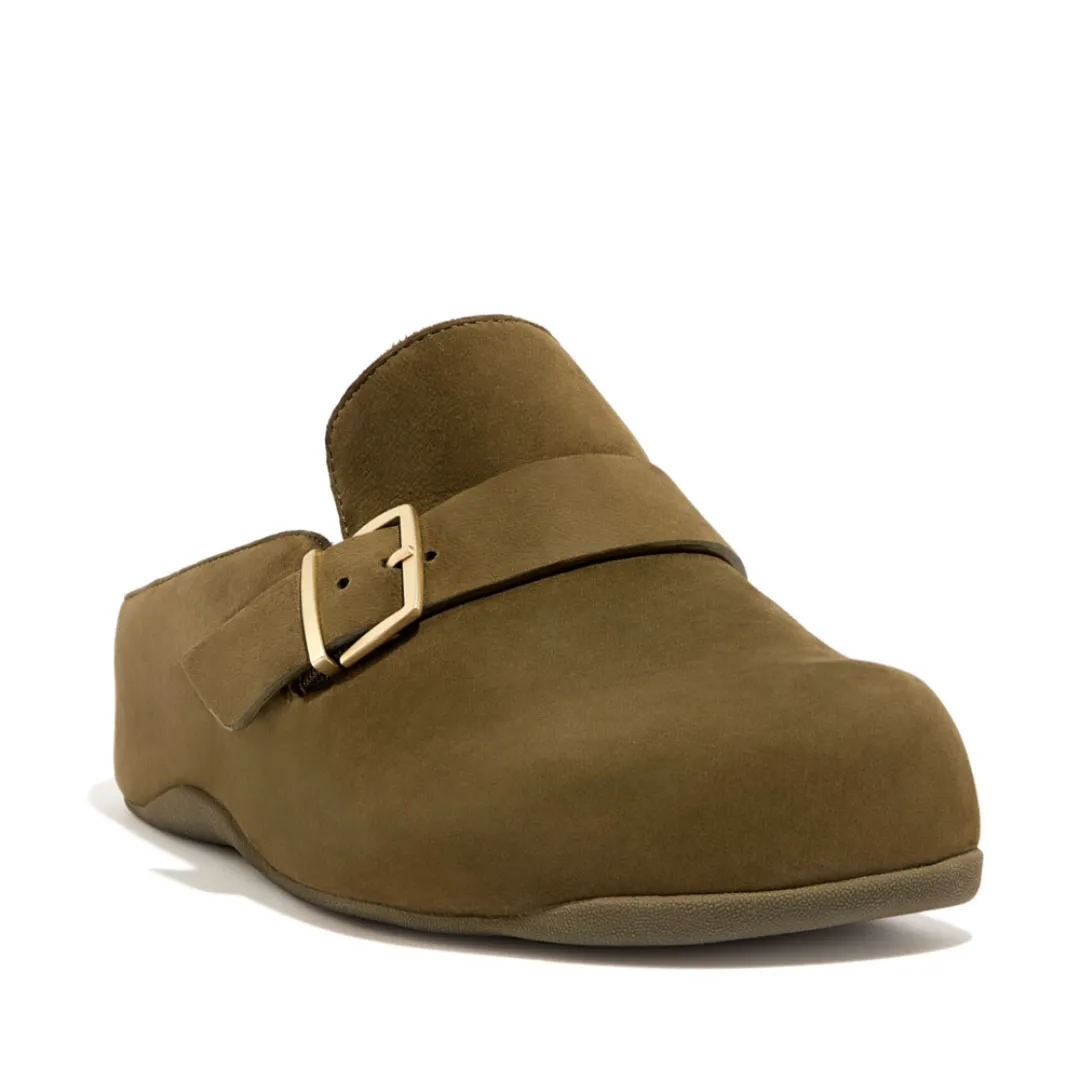 FitFlop Shuv Buckle-Strap Nubuck Clogs Dark Green