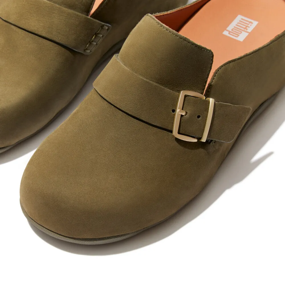 FitFlop Shuv Buckle-Strap Nubuck Clogs Dark Green
