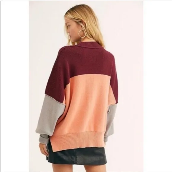 Free People East Street peach combo colorblock oversized knit sweater top