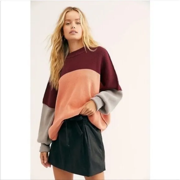 Free People East Street peach combo colorblock oversized knit sweater top